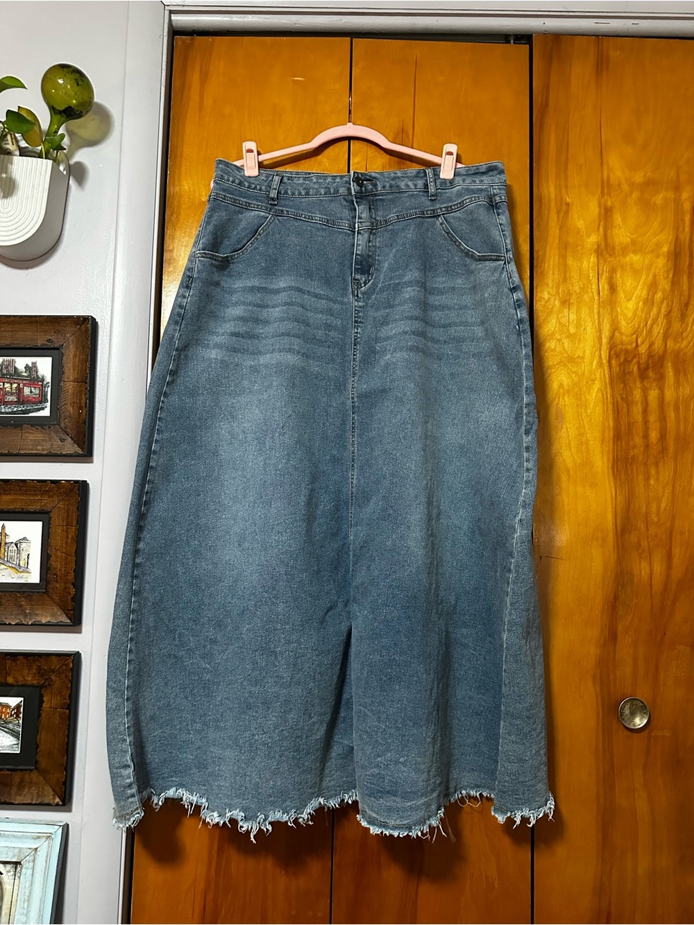 Washed Blue Denim Maxi Skirt with Frayed Hem